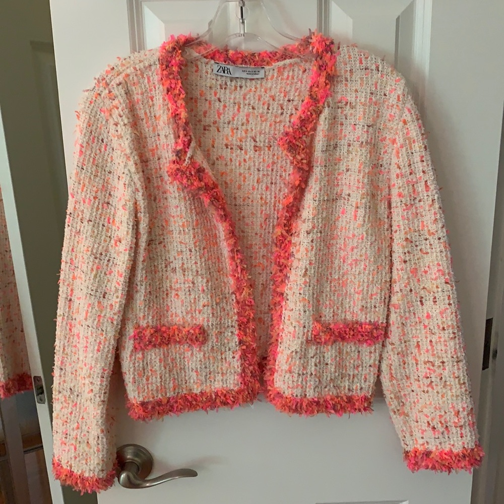 Zara size small orange and hot pink frayed jacket